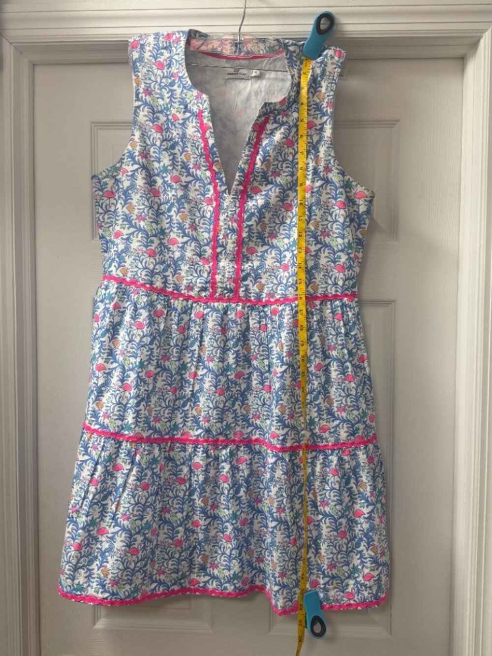 Vineyard Vines Flamingo Otomi Print Tiered Lined Dress w pockets size Medium EUC - Picture 3 of 13
